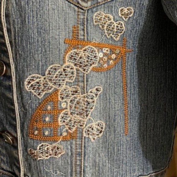 Adolfo Jeans Denim Jacket with Crystal & Rhinestones Embellishments Fits S to M - Picture 3 of 6